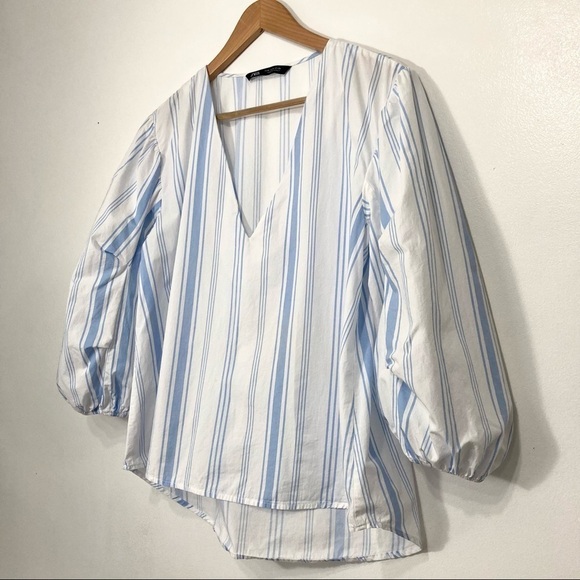 Zara V-Neck Striped Balloon Sleeve High Low Blouse Size M - Picture 15 of 15
